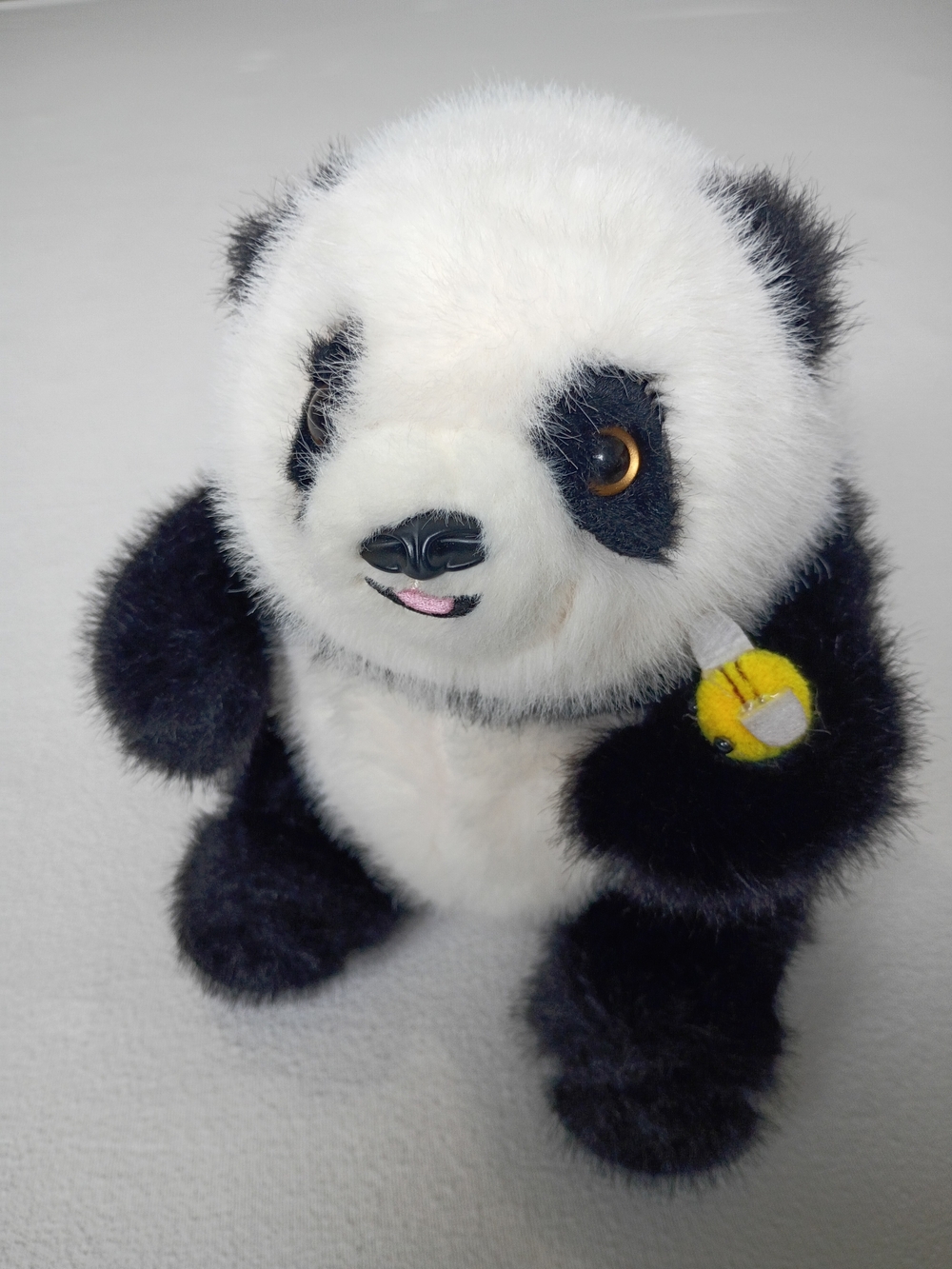 Vintage Panda Plush Stuffed Animal Holding Bumblebee Fluffy Black White